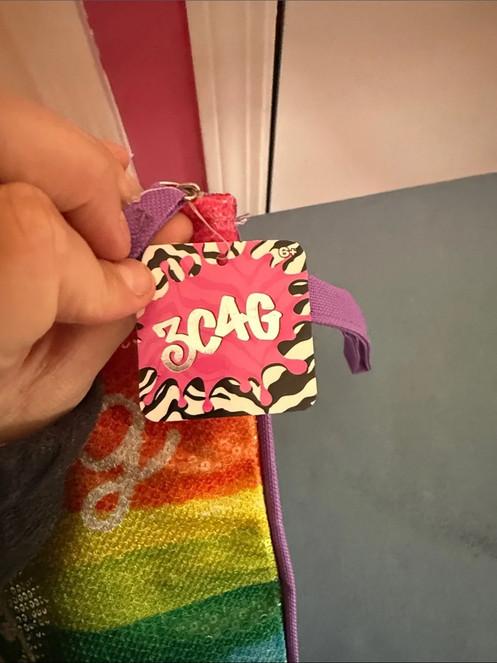 3C4G Rainbow Sequin zip Bag with Purple Trim